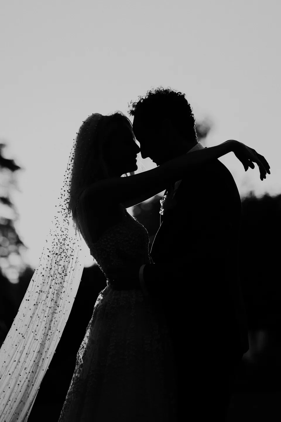Newlyweds embracing in silhouette, in black and white