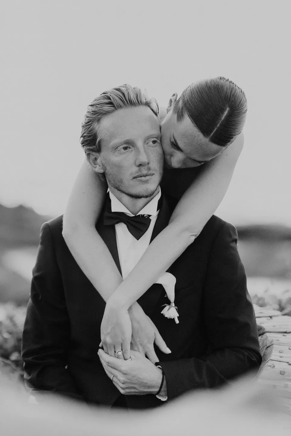 A tender moment together, in black and white